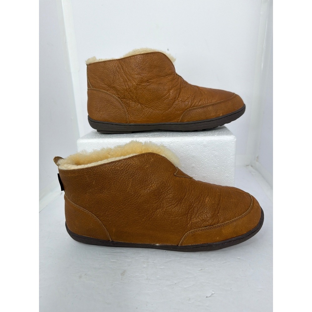 Cabelas Men Brown Leather Shearling Lined Slipper Boots Ankle Booties Cognac 12W